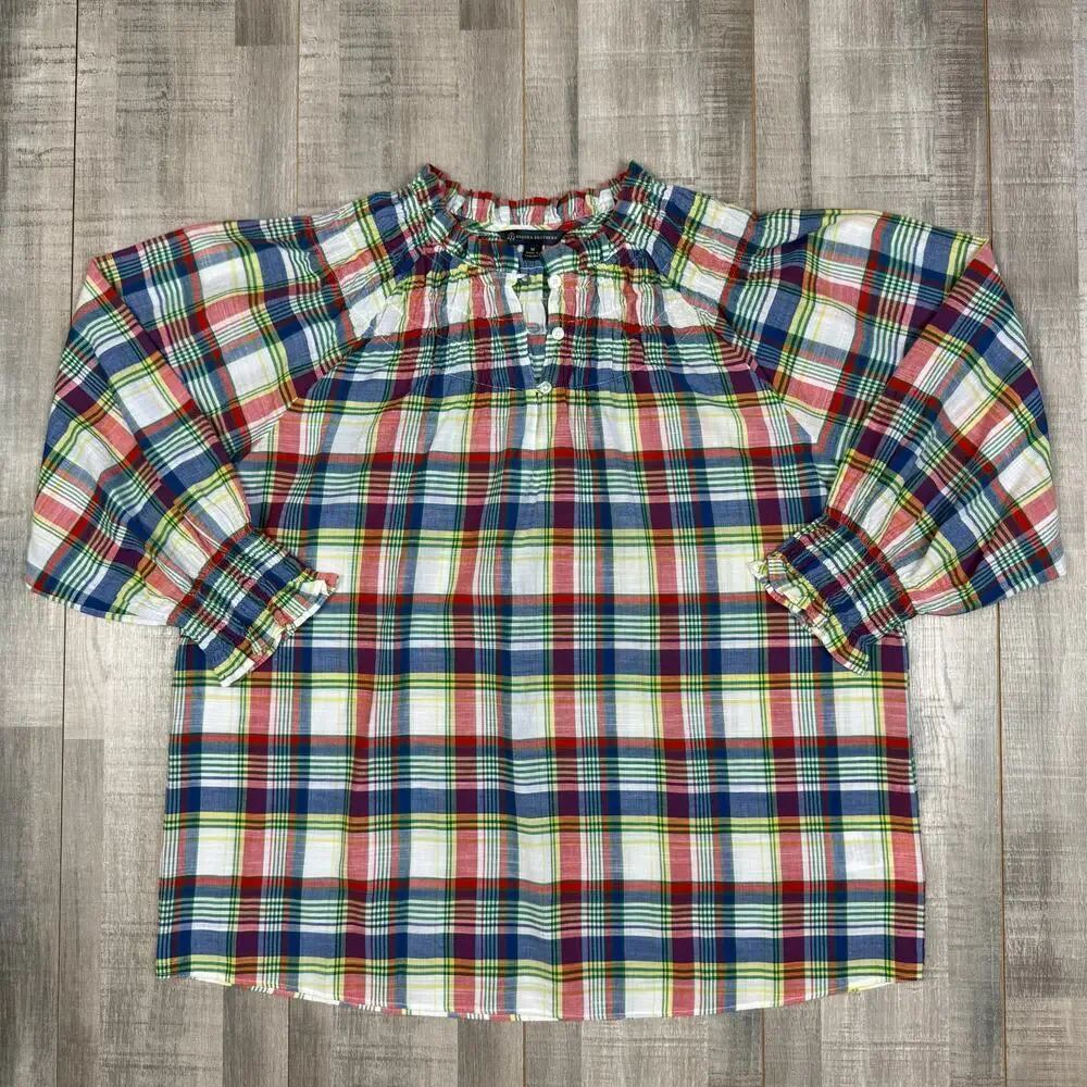 Brooks Brothers L/S Blouse Top Womens Medium Plaid Colorful Smocked Neck Peasant - Picture 1 of 11